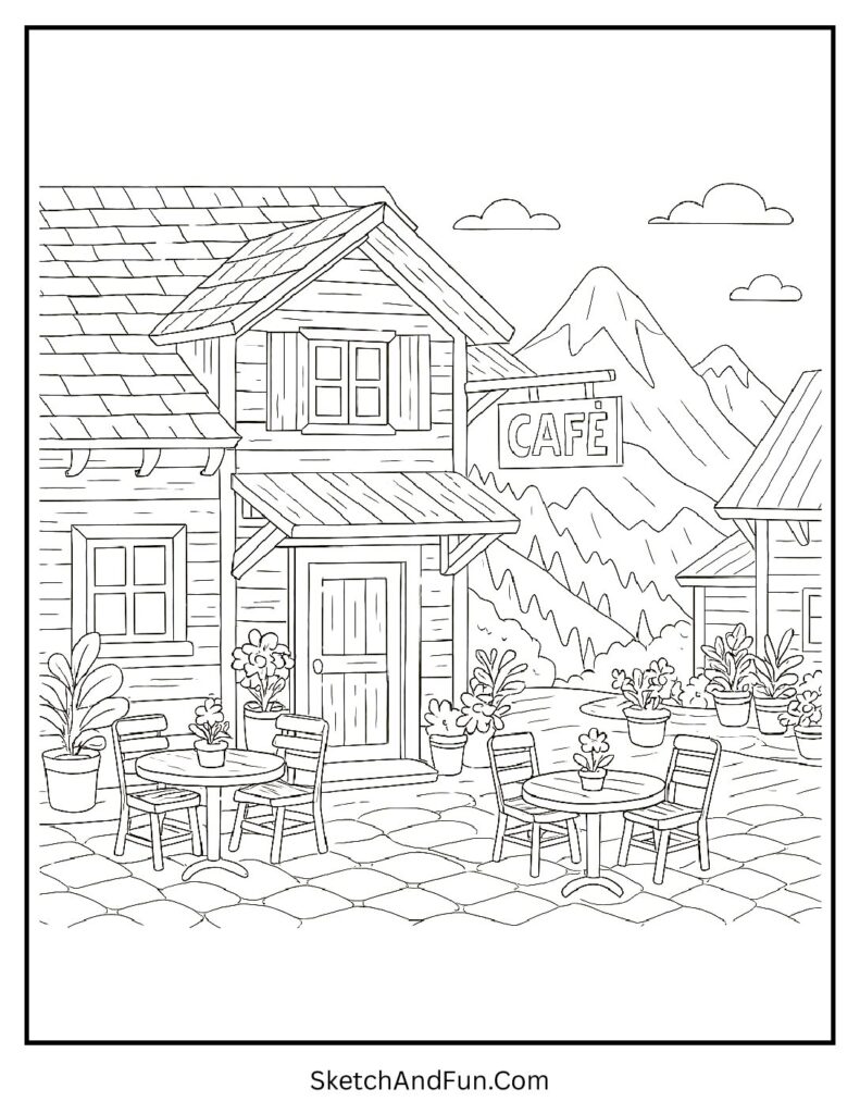 Rustic mountain café coloring page with plants and wooden tables