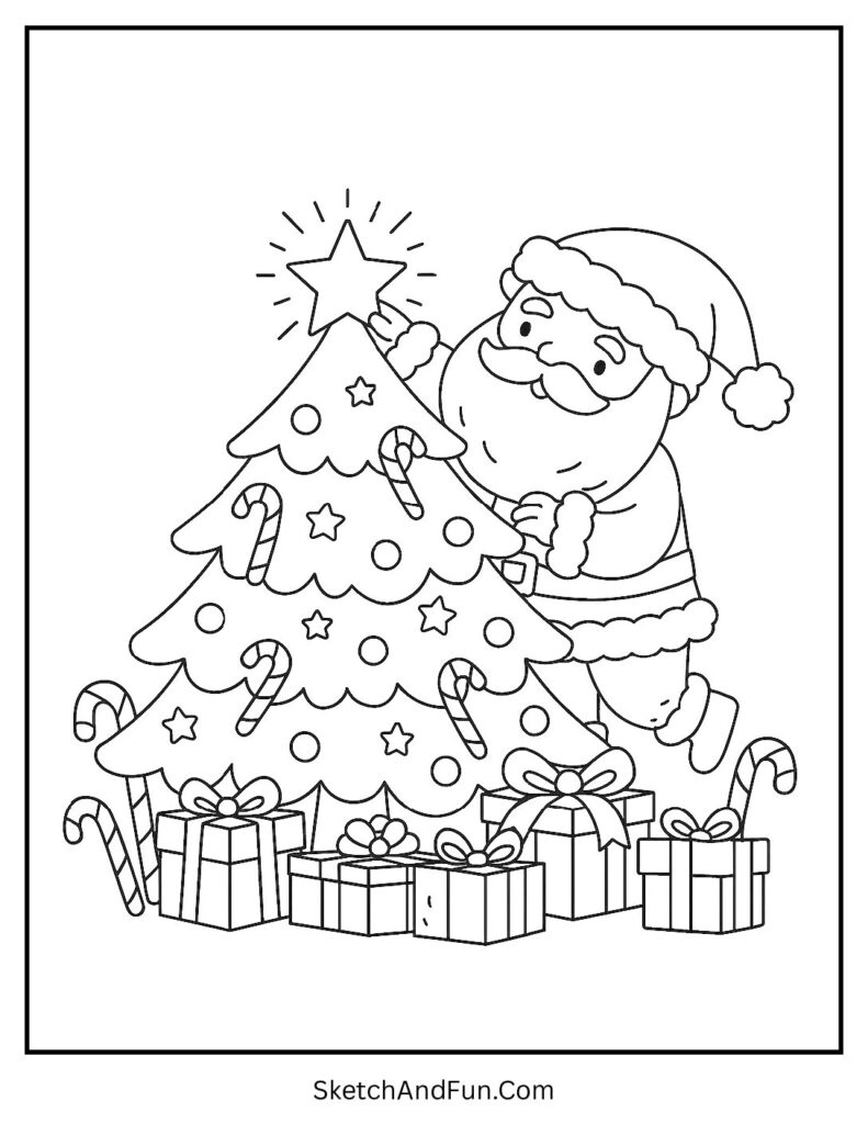 Santa placing a star on glowing tree for christmas tree coloring pages pdf.