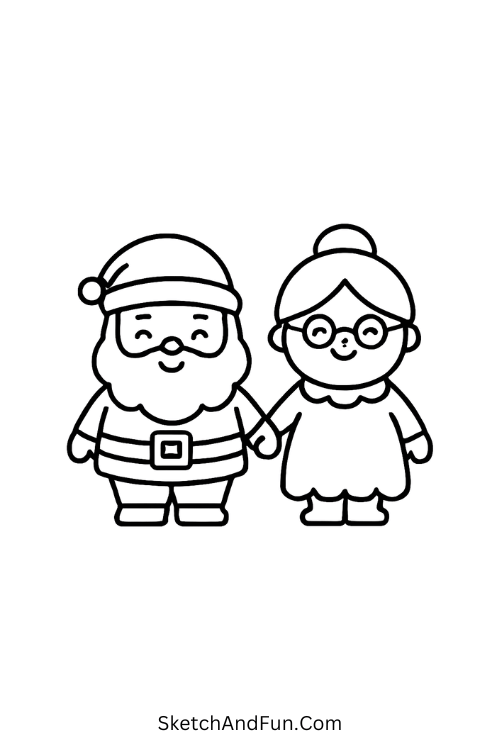 Santa and Mrs. Claus drawing – Sweet couple together smiling, great for Christmas cartoon drawing ideas.
