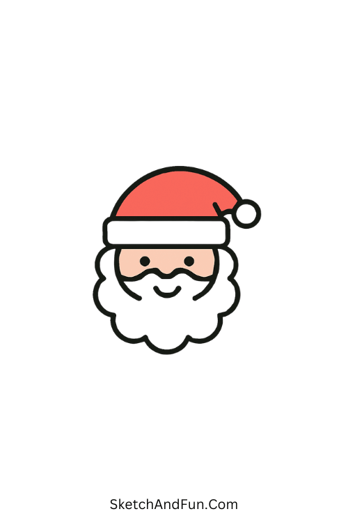 Santa Claus drawing easy showing a cute jolly Santa face with a fluffy beard and red hat.