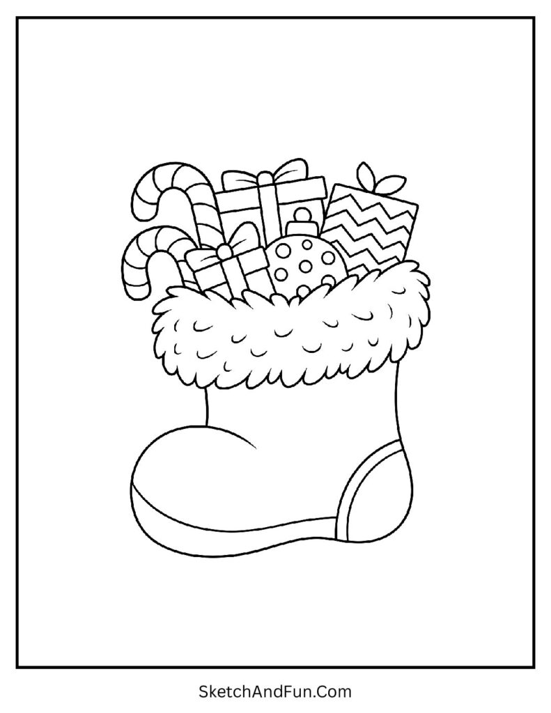 Santa’s Classic Stocking – Christmas stocking coloring pages printable with candy canes and gifts.