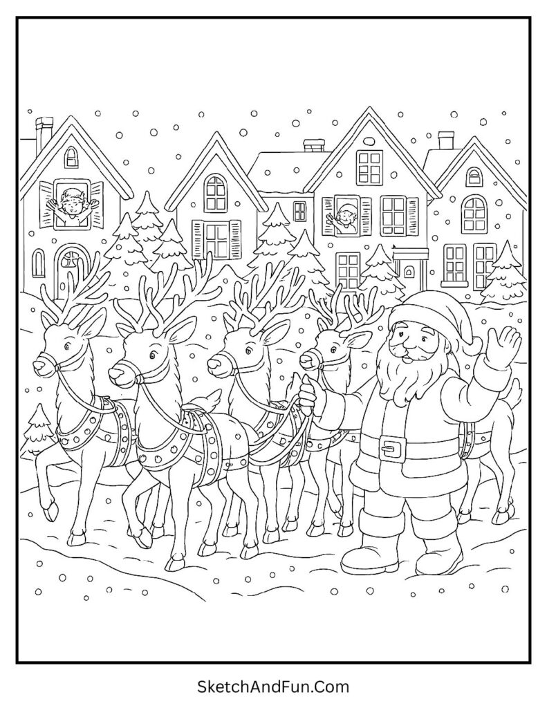 Santa leading a festive parade with reindeer and children waving – reindeer coloring pages for kids