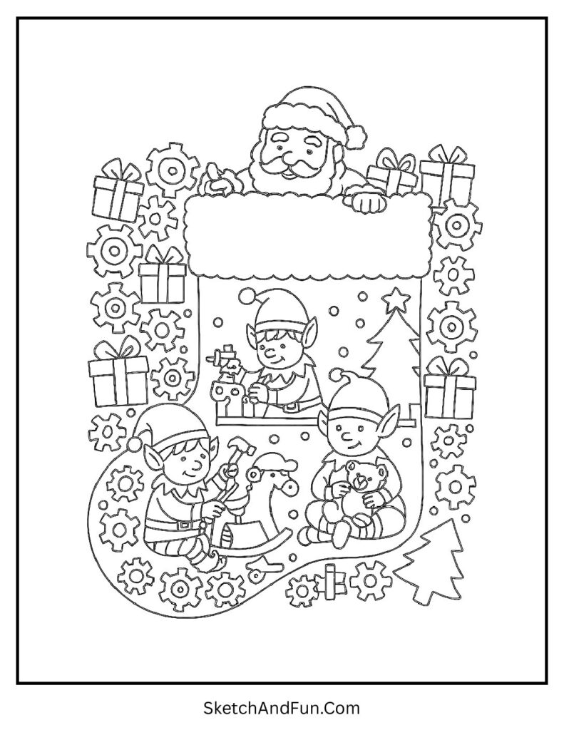 Santa’s Workshop Stocking – Christmas stocking coloring sheets printable with elves making toys.