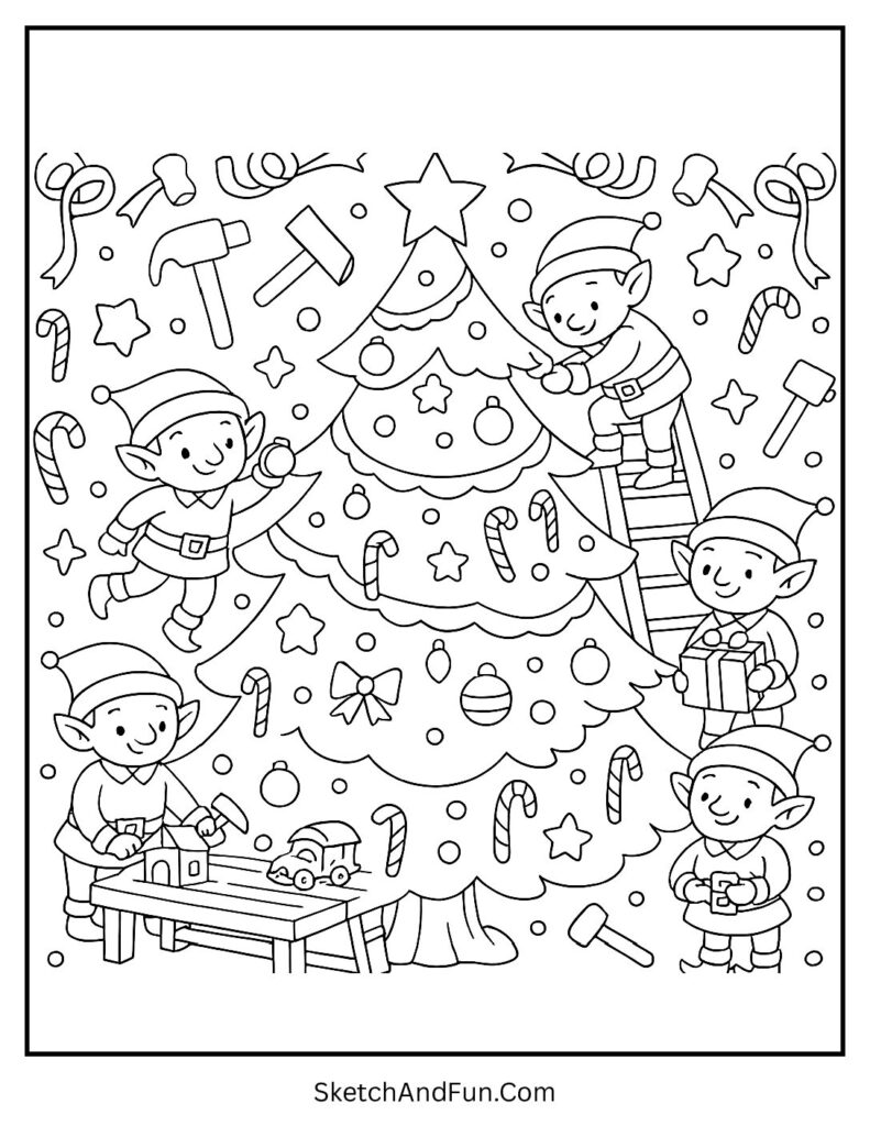 Elves and toys near bright tree for christmas tree coloring page letter size.