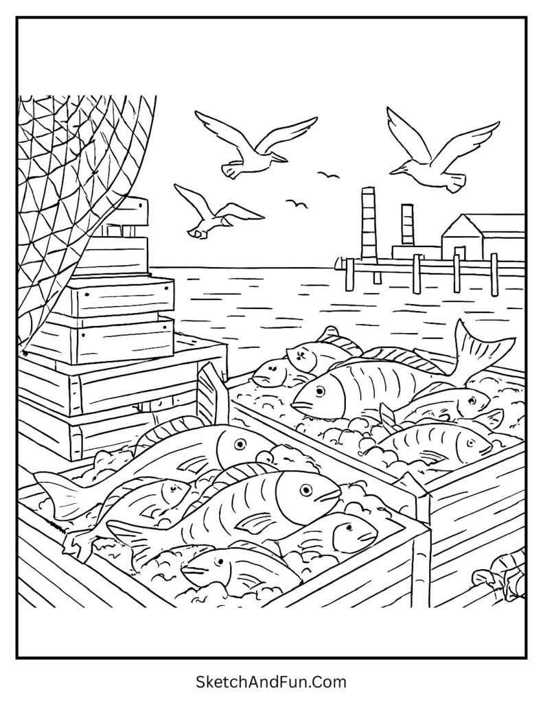 Harbor seafood market with fish and nets for storefront scene coloring pages.