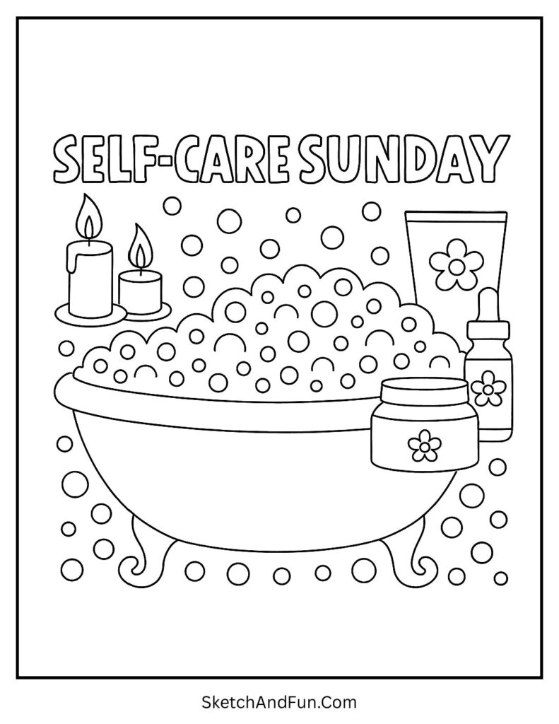 Calm self-care setup with candles and towels for aesthetic coloring pages easy.