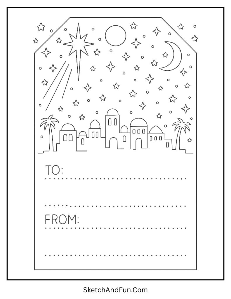 Christmas gift tag coloring pages free download with Bethlehem stars