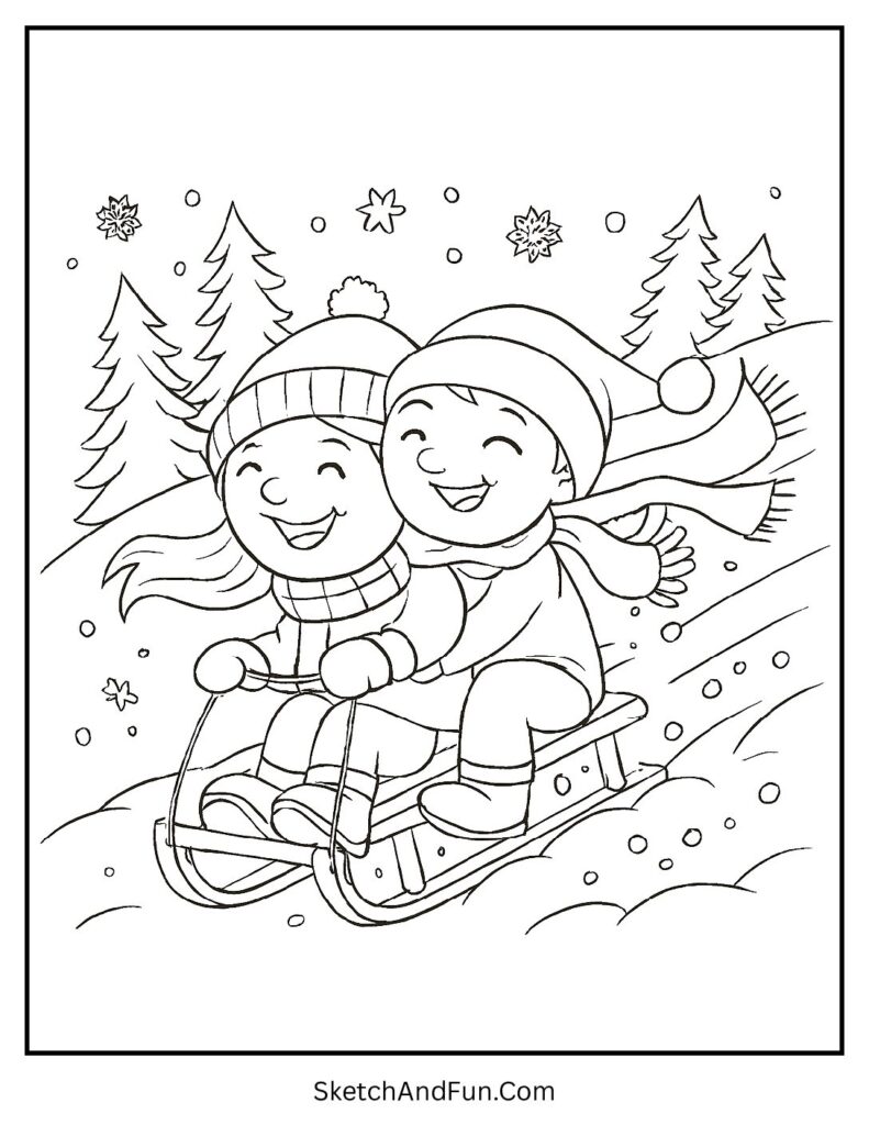 Kids sledding on snowy hill for winter sports coloring pages.