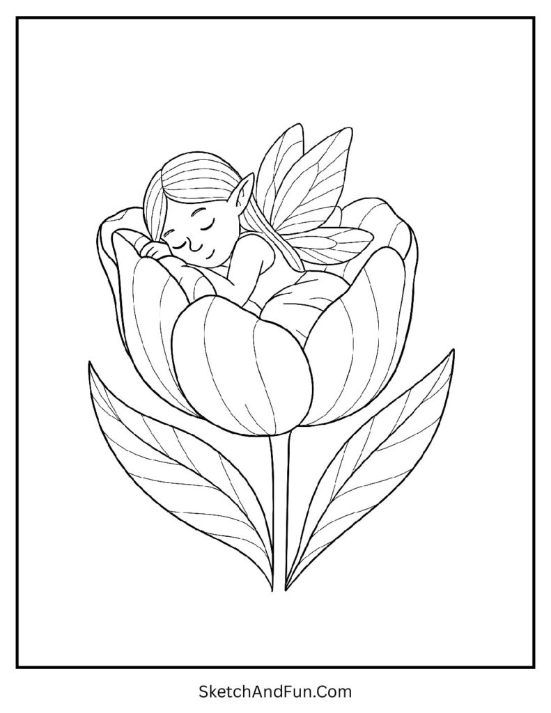 Fairy sleeping inside a tulip bloom for beautiful fairy coloring pages detailed.