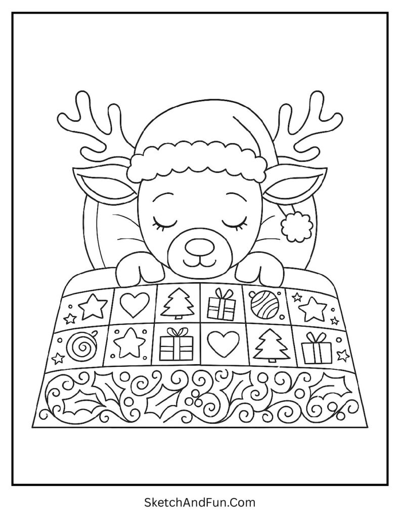 Sleeping reindeer under blanket and Santa hat – reindeer coloring pages easy