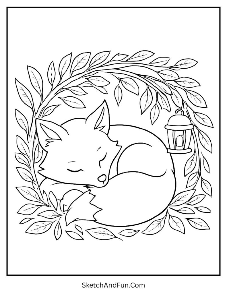 Sleepy fox in forest den from cozy coloring pages minimal style