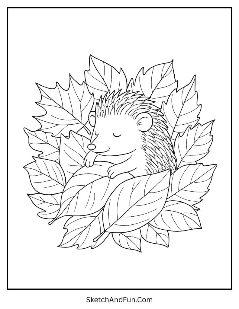 Sleepy hedgehog in leaf bed from cozy coloring pages for art class