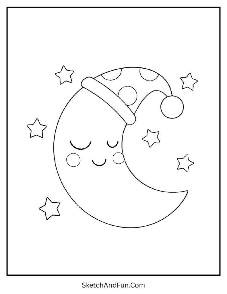 Sleepy crescent moon in kawaii coloring pages for relaxation to calm minds.