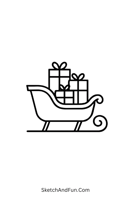 Holiday scene drawing of a small sleigh carrying colorful gifts.