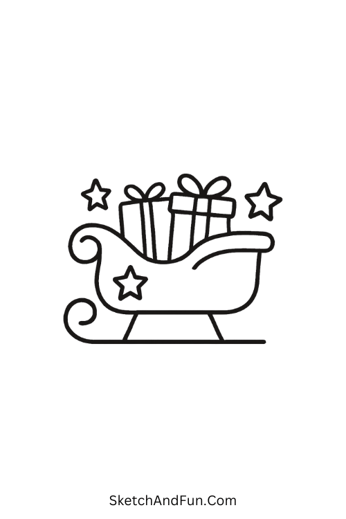 Festive drawing ideas Christmas with a sleigh full of wrapped toys.