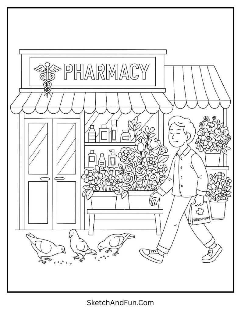 Pharmacy and flower stall coloring page with pigeons and bouquet scene