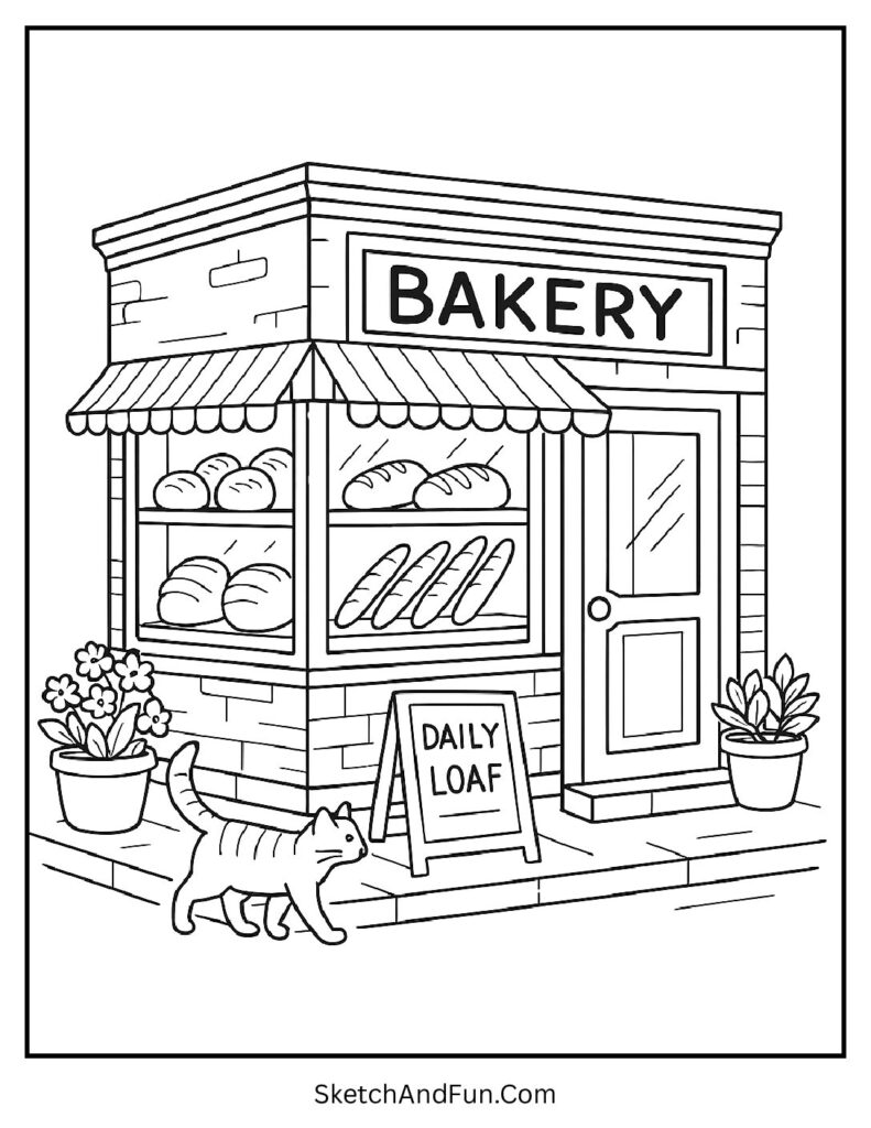 Corner bakery shop with bread and cat for bakery storefront coloring pages.