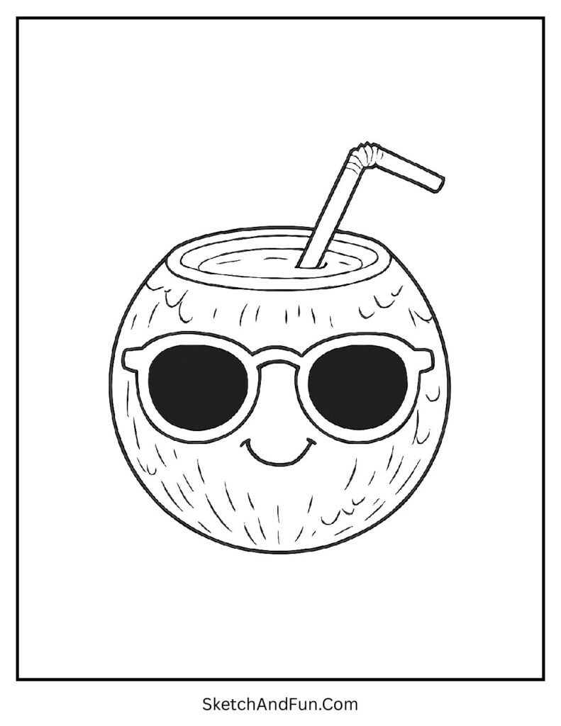 Coconut drink with tiny sunglasses in kawaii coloring pages for adults.