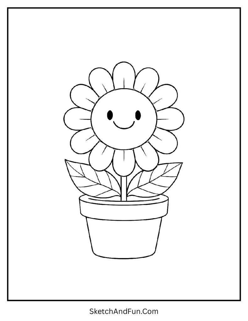 Flower pot with happy bloom in kawaii coloring pages for social-emotional development.