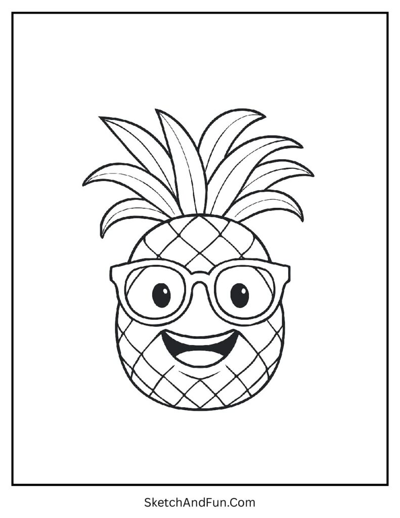 Pineapple with glasses and grin in kawaii coloring pages food for cheer.