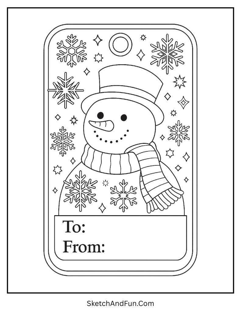 Christmas gift tag coloring pages classroom activity with happy snowman.