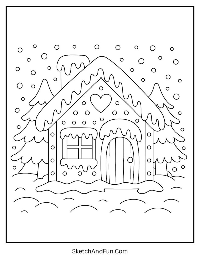 Snow-covered gingerbread cottage as a gingerbread house coloring page winter scene for kids.