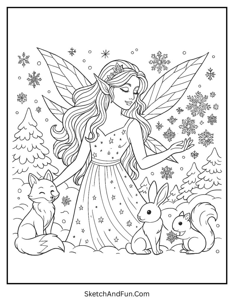 Fairy creating snowflakes with winter animals for fairy tale coloring pages with fairies.
