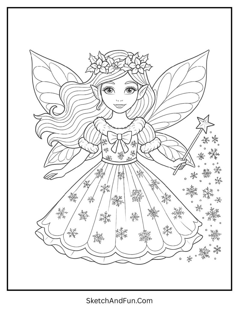 Fairy spreading snow with wand for intricate winter coloring pages.