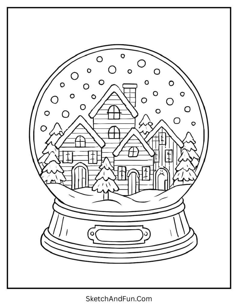 Snow globe with tiny winter town for winter coloring sheets.