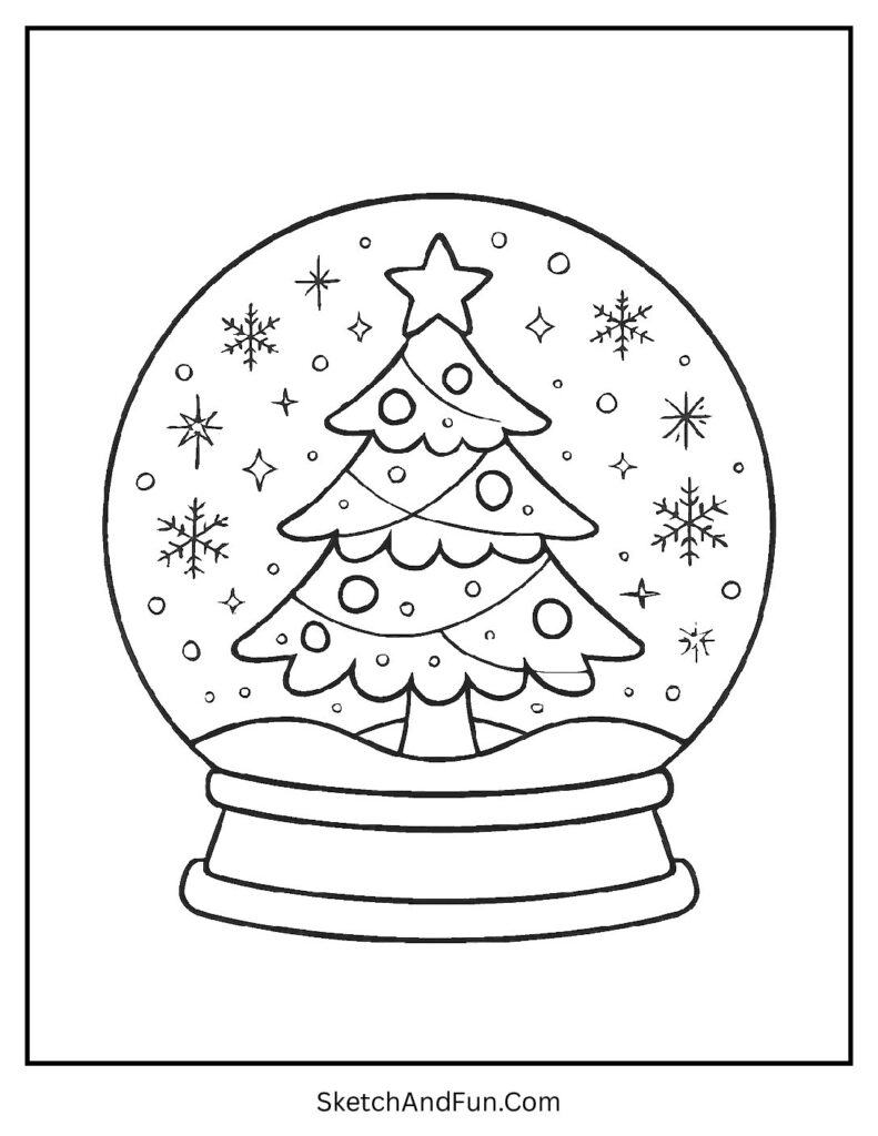 Tree inside glittery snow globe for christmas tree coloring page download.