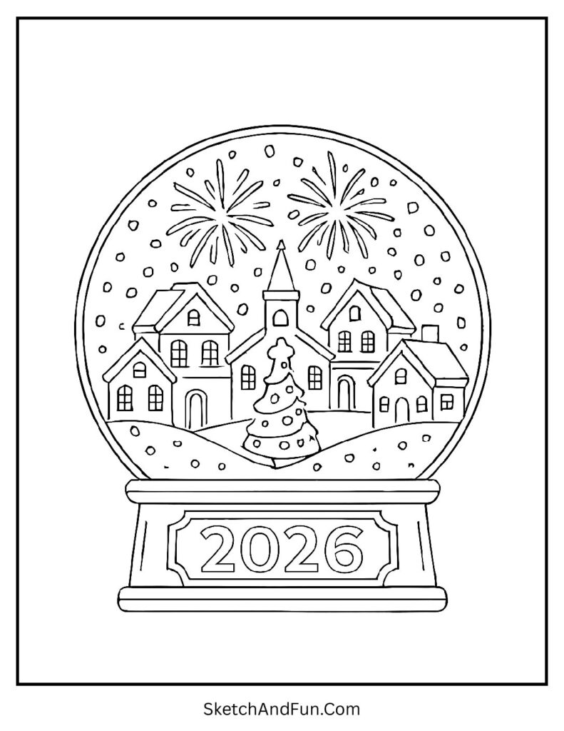 Snow globe with 2026 – happy new year party printable coloring page