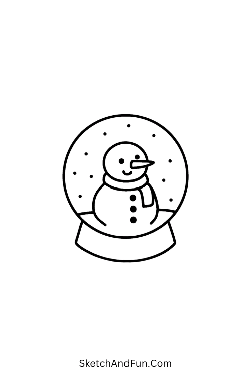 Winter scene drawing of a snow globe with a snowman inside.