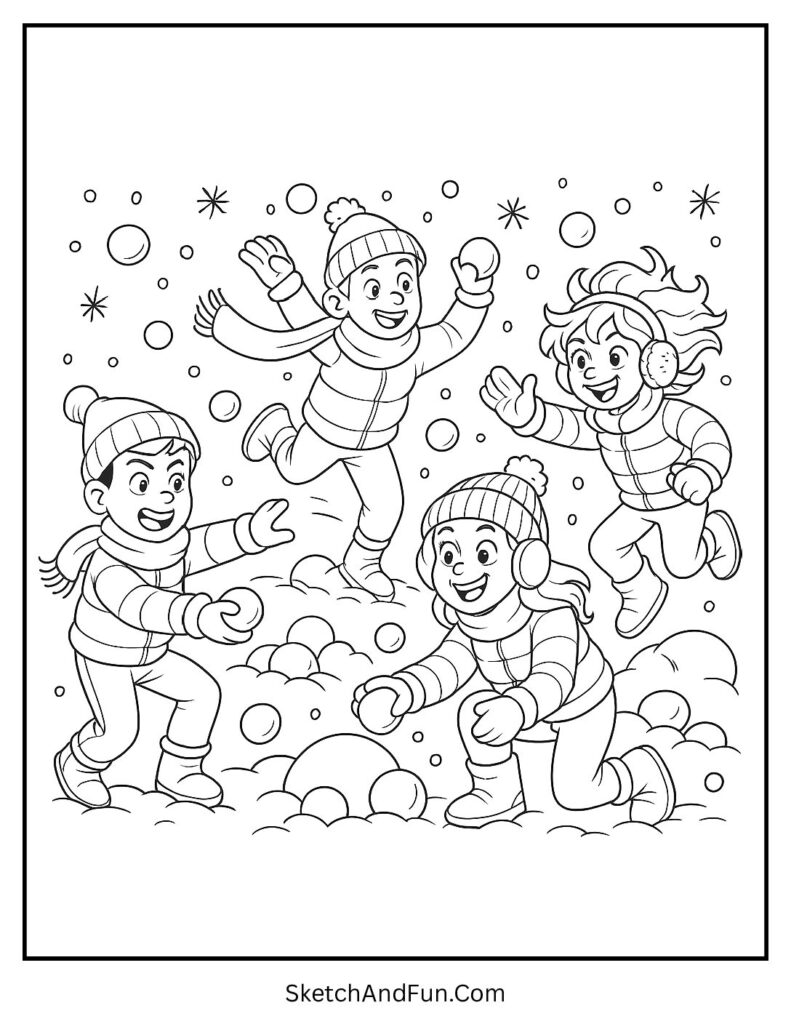 Kids throwing snowballs for winter coloring pages simple.