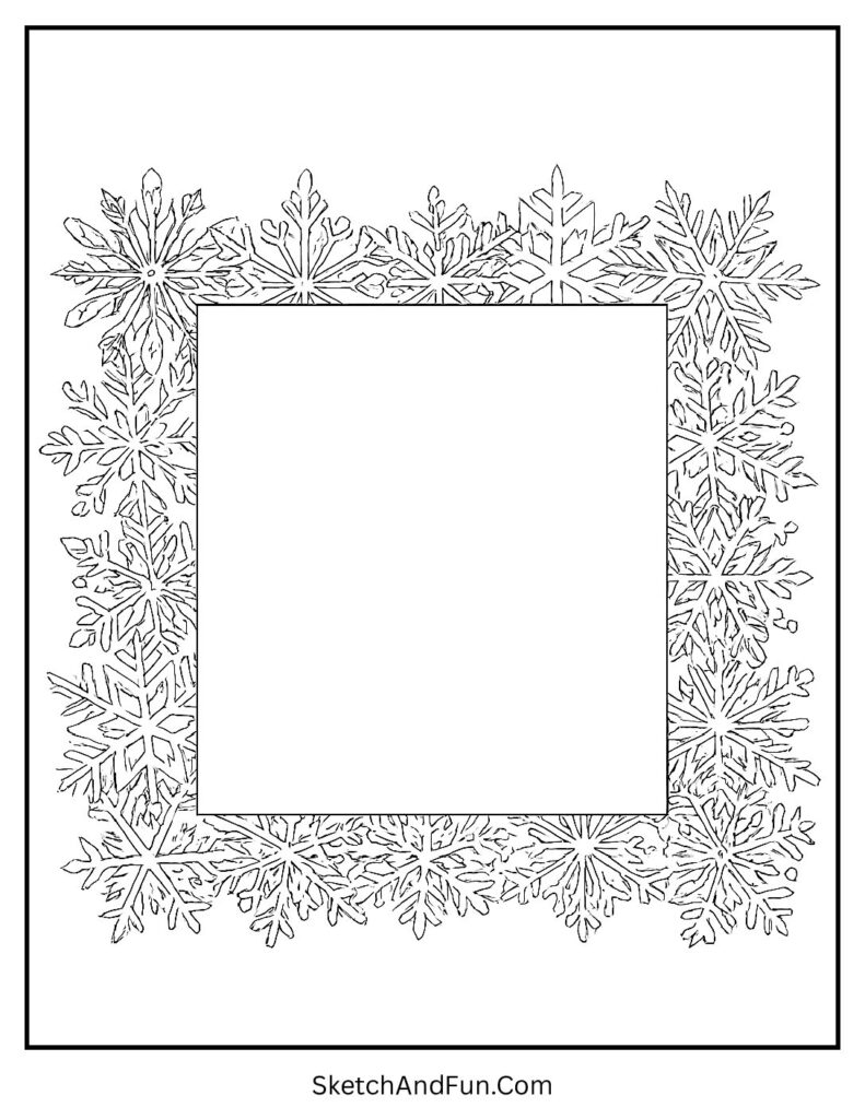 Snowflake frame outline art for detailed winter coloring pages.