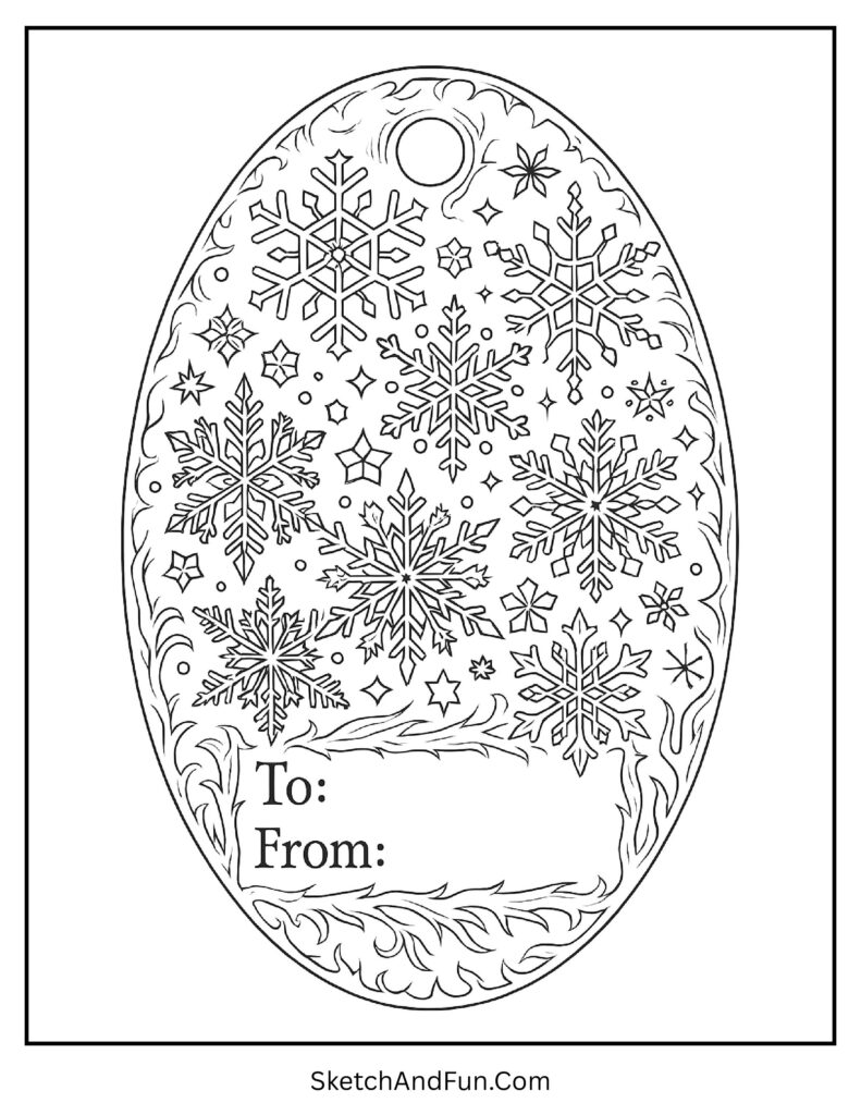 Printable Christmas gift tag coloring sheets for kids with frosty snowflakes.