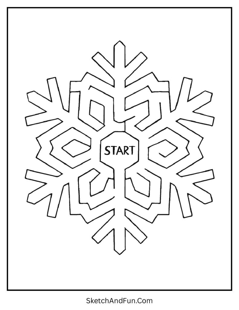 Snowflake maze for kids for winter coloring worksheets.