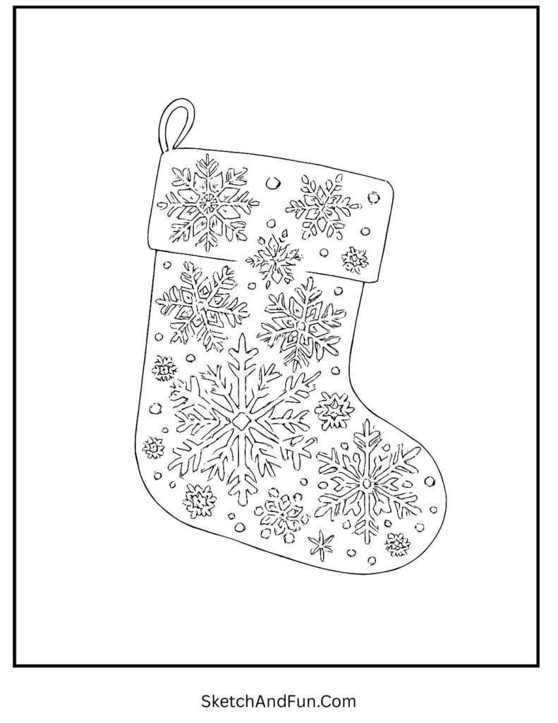 Snowflake Stocking – free Christmas stocking coloring pages with snowy winter patterns for kids.