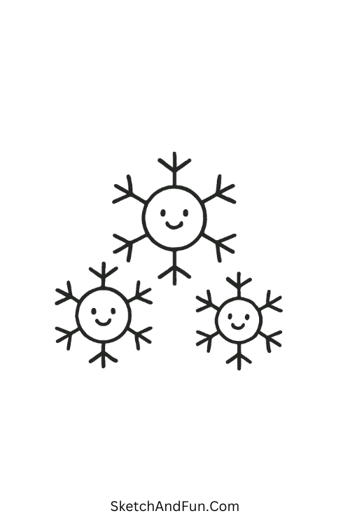 Snowflake family drawing – Three smiling snowflakes together, cute and easy idea for kids’ doodles.