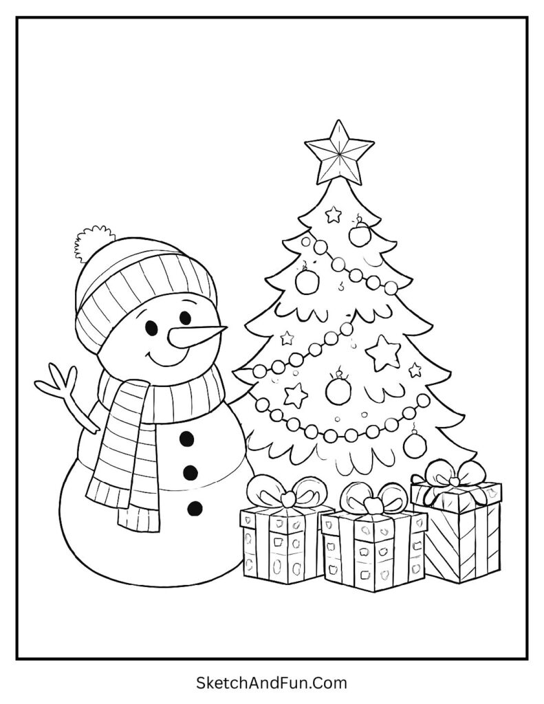 Snowman beside glowing tree for christmas tree coloring pages for kids.