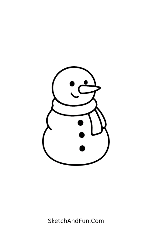 Snowman drawing ideas with three soft snowballs, a carrot nose, and a warm scarf.