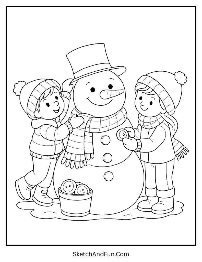 Kids decorating big snowman for winter coloring pages for classrooms.