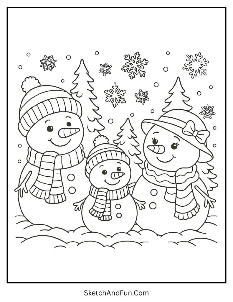 Happy snowman family under snow for snowman coloring pages winter.