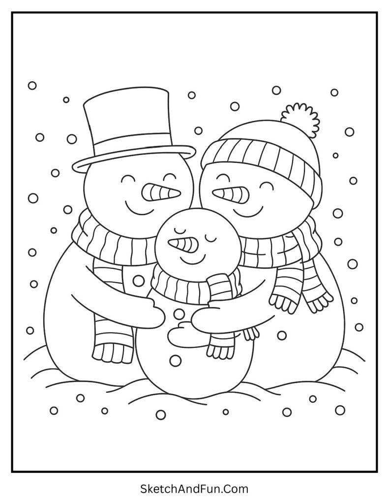 Snowman family hug from cozy coloring pages holiday edition