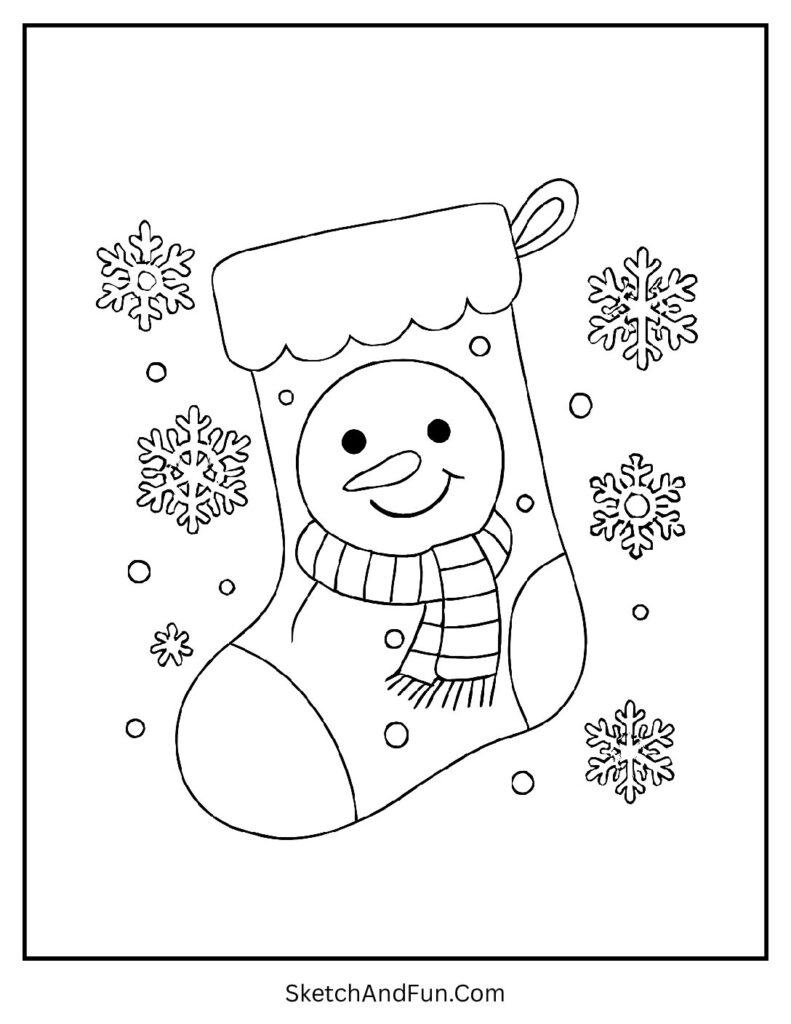 Snowman Stocking – adult Christmas stocking coloring pages with a smiling snowman and snowflakes.