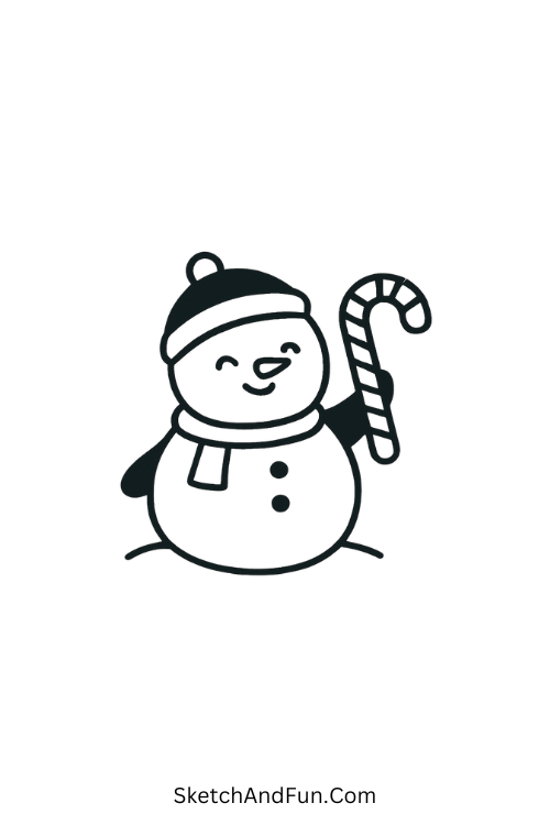 Christmas drawing prompts of a snowman holding a candy cane.