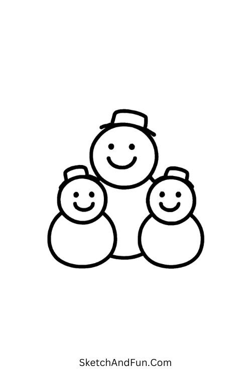 Three snowmen smiling together, cute for kids’ easy Christmas drawing ideas.
