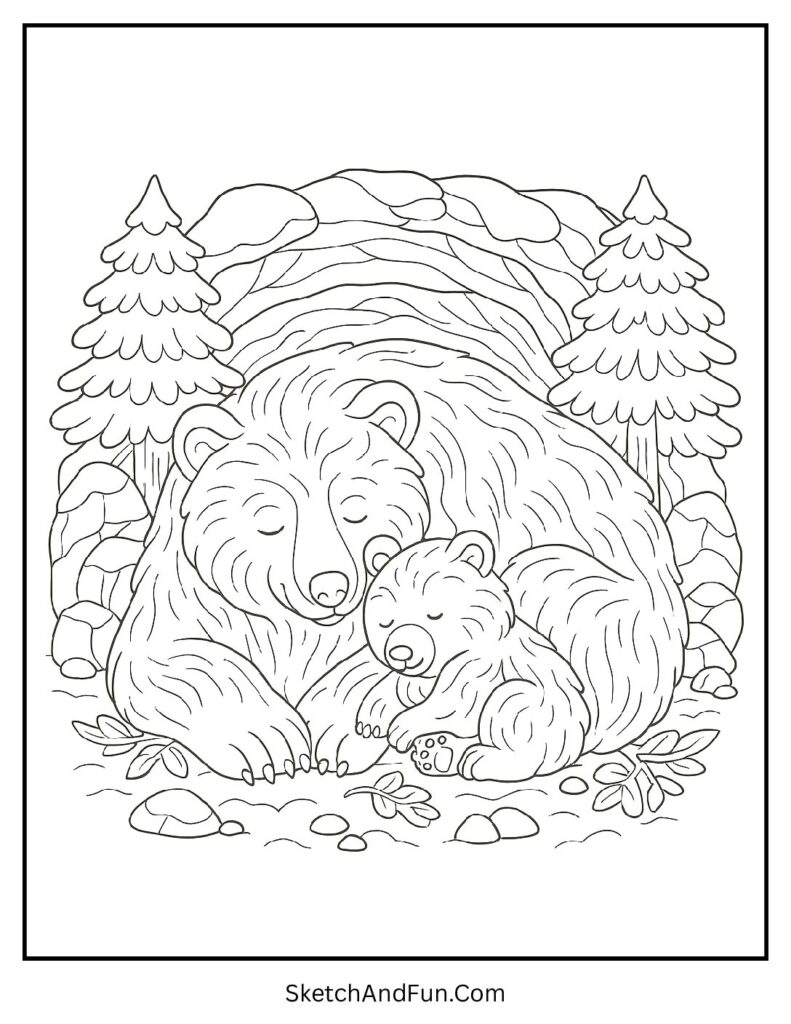 Bears sleeping in snowy den for winter coloring book pages.