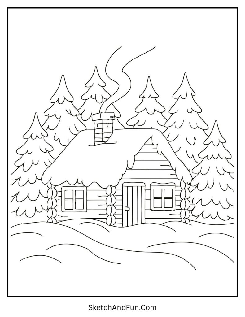 Snowy cabin in the woods in cozy coloring pages cosy cottage