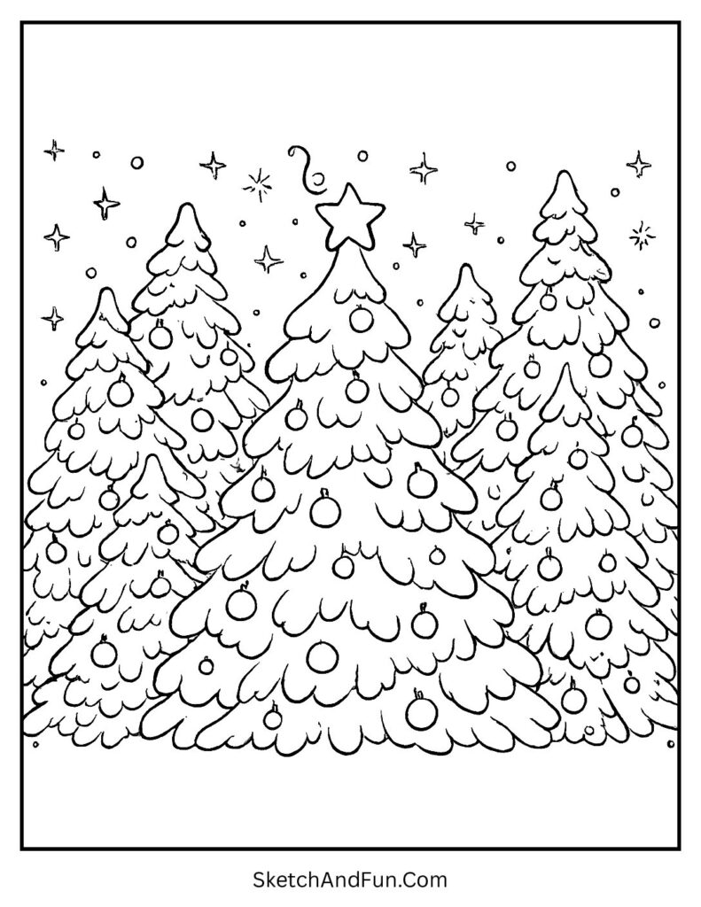 Snowy pine forest scene for christmas tree coloring sheets free download.