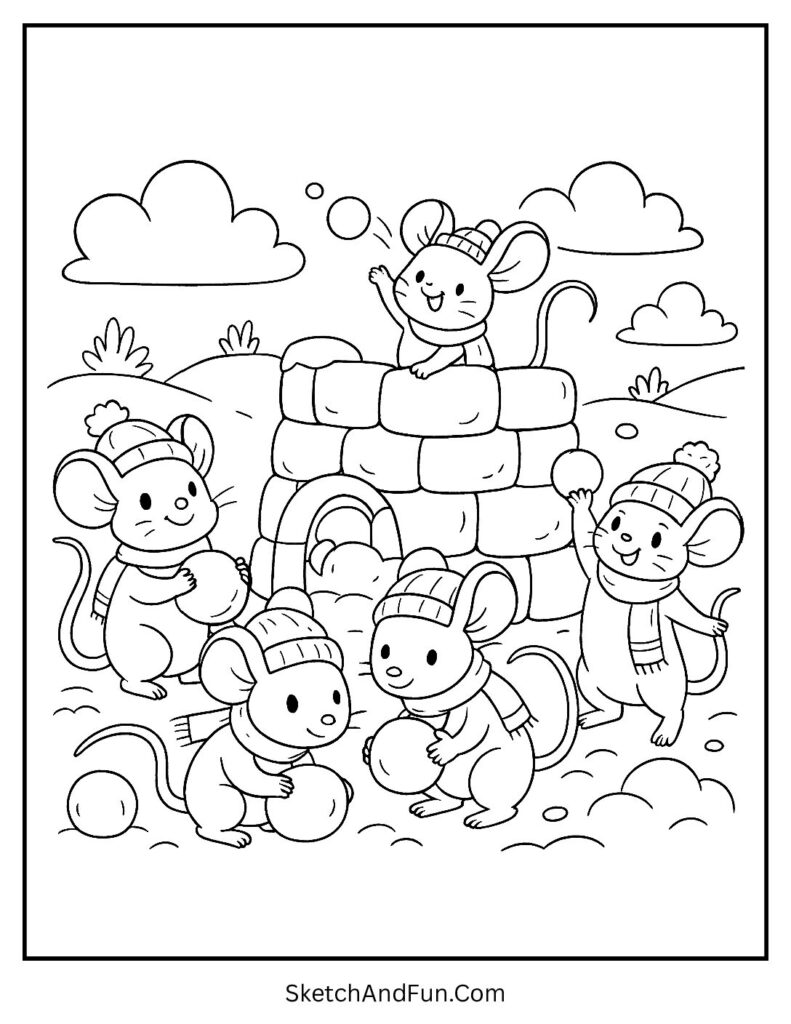 Mice making snow fort for winter doodle coloring pages.